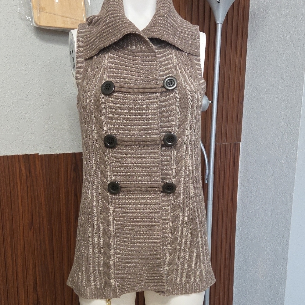 Women's Cable-Knit Sweater Vest – Heathered Brown Double-Breasted Tunic Small Sz